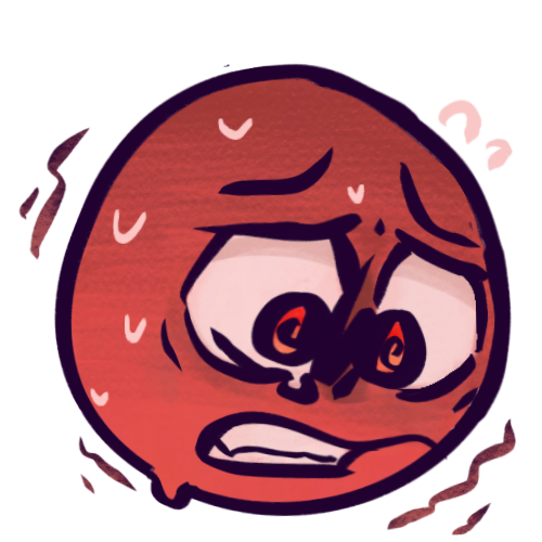 A very distressed red emoji. Their eyebrows are knit, their pupils are spirals looking down at nothing in particular, as if they’re caught up in their own frantic thoughts, they’re grimacing with their teeth grit in a wobbly frown, and are sweating and shivering..